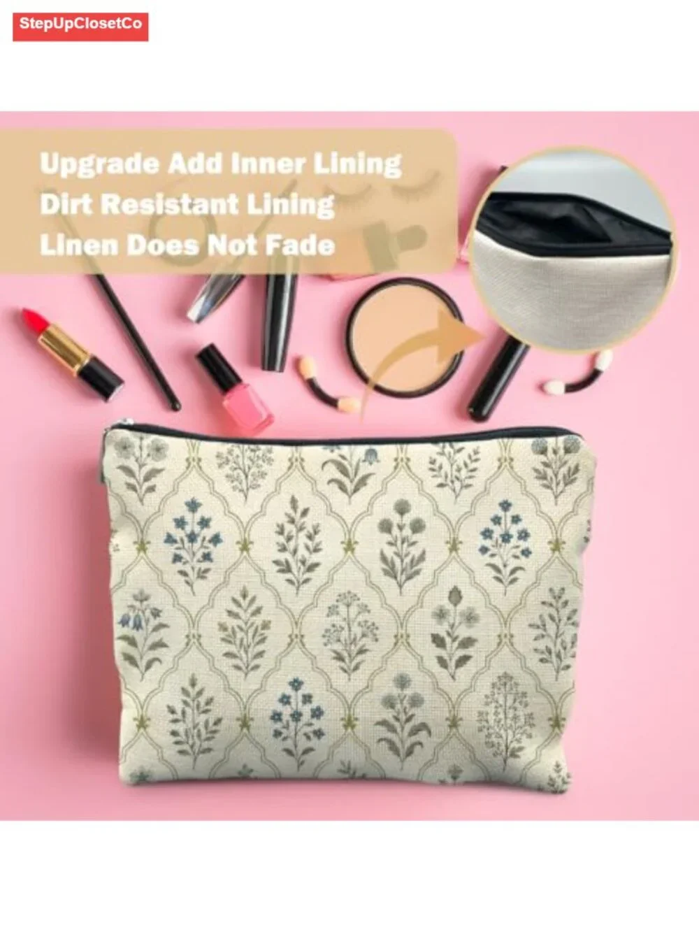 Vintage Botanical Floral Linen Makeup Bag for Women Travel Toiletry Organizer